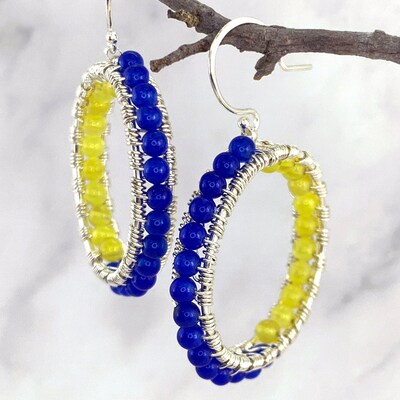 Inside-Out Beaded Blue and Yellow Onyx Hoop Earrings (Small) — E-0226yb - image2